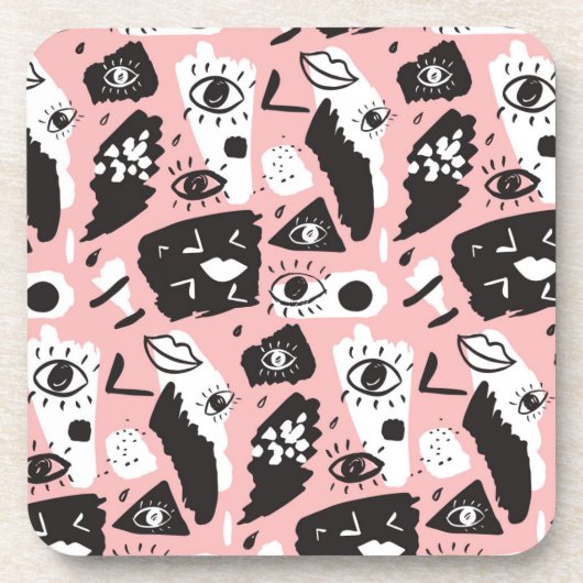 抽象的でモダンな目及び唇パターン コースター (正面)
