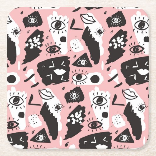 抽象的でモダンな目及び唇パターン スクエアペーパーコースター (正面)