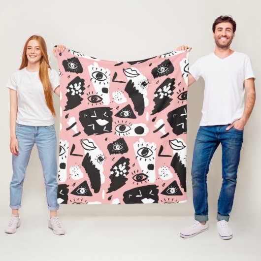 抽象的でモダンな目及び唇パターン フリースブランケット (インサイチュ)