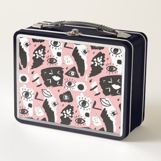 抽象的でモダンな目及び唇パターン メタルランチボックス (正面)