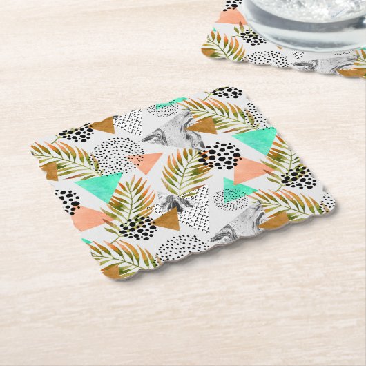 抽象的で幾何学的な熱帯葉パターン ペーパーコースター (アングル)