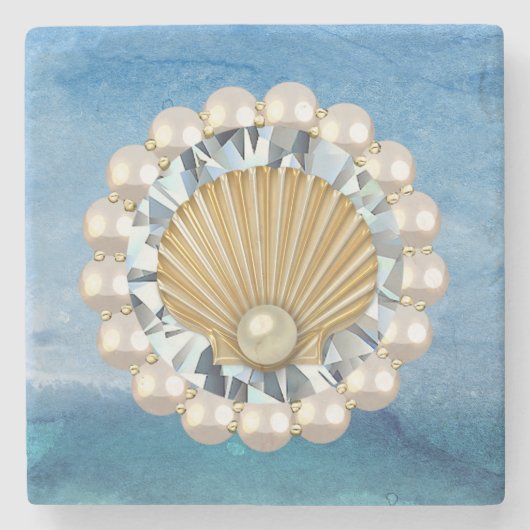 抽象的で青い海の金真珠の貝殻の宝石 ストーンコースター (正面)