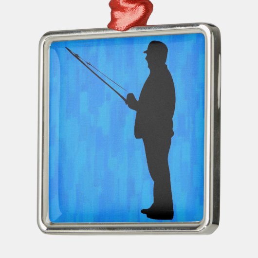 抽象的で青い背景が付いている人の魚釣り メタルオーナメント (左)
