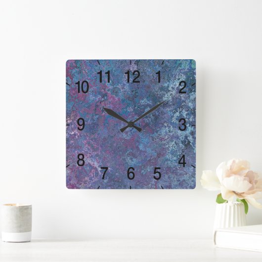 抽象的で青および紫色の多彩なデザイン3 スクエア壁時計 (ホーム)
