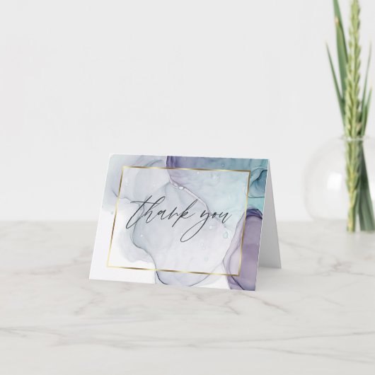 抽象的なアルコールインクのターコイズとプラムの感謝カード サンキューカード (正面)