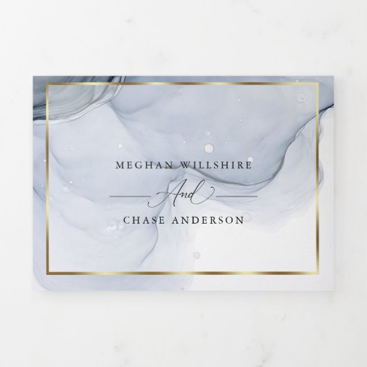 抽象的なインクのダスティーブルー、マウベ、プラムのトリフォールド招待状 三つ折り招待状 (カバー)