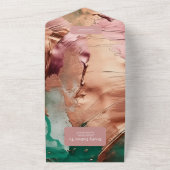 抽象的なエメラルドグリーンのローズゴールドのウェディング オールインワン招待状 (外側)