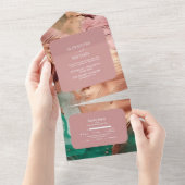 抽象的なエメラルドグリーンのローズゴールドのウェディング オールインワン招待状 (貼ってはがせる)