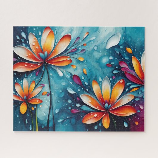 抽象的なオレンジの花 水彩画 ジグソーパズル (横)