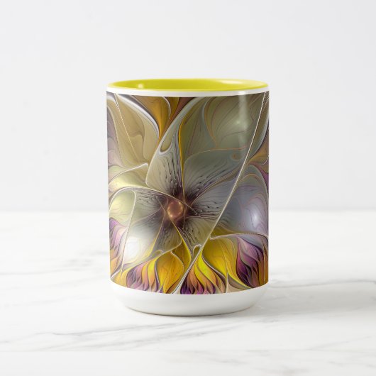 抽象的なカラフルな幻想の花 モダンフラクタル ツートーンマグカップ (中央)