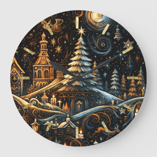 抽象的なクリスマスの村のチョーク画の夜空 ラージ壁時計 (正面)