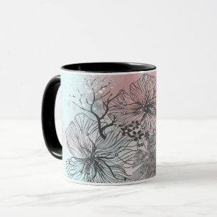 抽象的なスケッチの花 葉 フローラルグラデーション ピンク マグカップ
