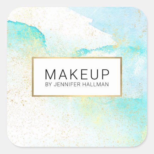 抽象的なソフトターコイズブルーの水彩 ゴールドダスト スクエアシール (正面)