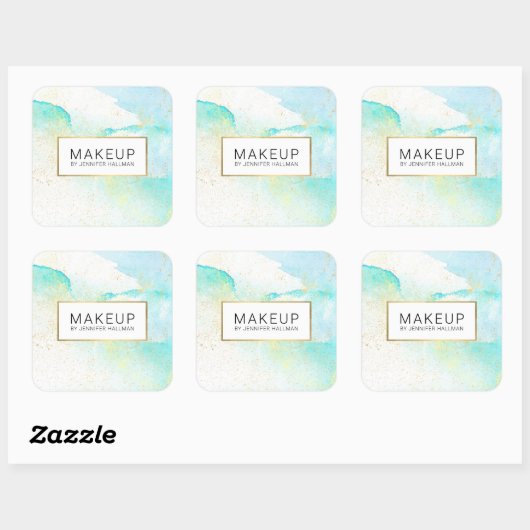 抽象的なソフトターコイズブルーの水彩 フェイクゴールドダスト スクエアシール (シート)