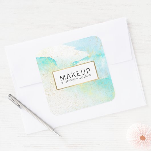 抽象的なソフトターコイズブルーの水彩 フェイクゴールドダスト スクエアシール (封筒)