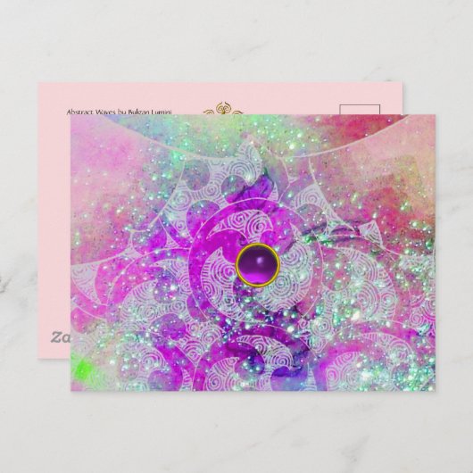 抽象的なターコイズブルー、ピンクの波、スパークル、パープルジェム ポストカード (正面/裏面)