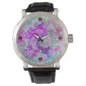 抽象的なターコイズブルー、ピンクの波、スパークル、パープルジェム 腕時計 (正面)