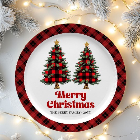 抽象的なチェック柄ツリー ファミリーネーム クリスマス ペーパー ペーパープレート