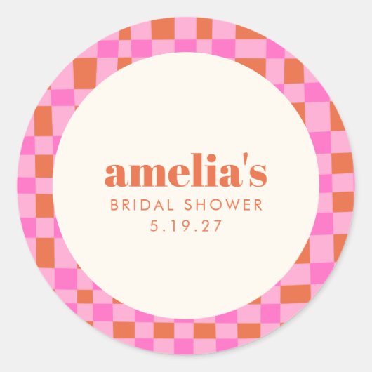 抽象的なチェック柄 ピンク オレンジ カスタム ブライダルシャワー ラウンドシール (正面)