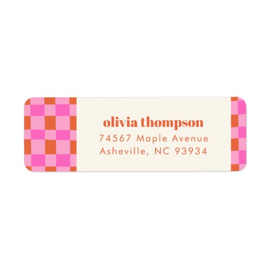 抽象的なチェック柄 ピンク オレンジ シャワーリターンアドレス ラベル (正面)