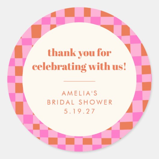 抽象的なチェック柄 ピンク カスタム ブライダルシャワーのお礼 ラウンドシール (正面)