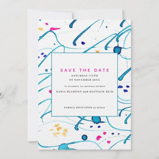 抽象的なトロピカルウェーブの結婚式　保存日付のお知らせ 招待状 (正面)
