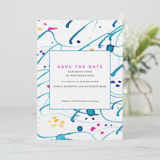 抽象的なトロピカルウェーブの結婚式　保存日付のお知らせ 招待状 (スタンド正面)