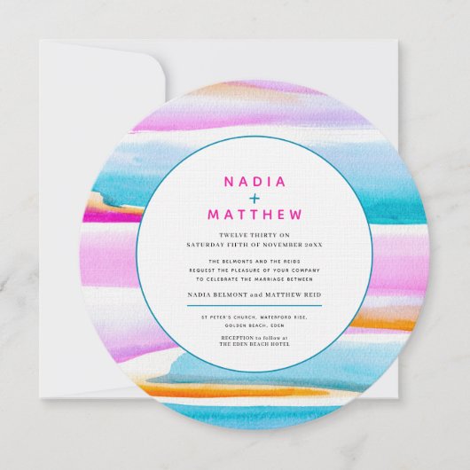 抽象的なトロピカルタイドの写真を使った丸い結婚式の招待状 招待状 (正面)