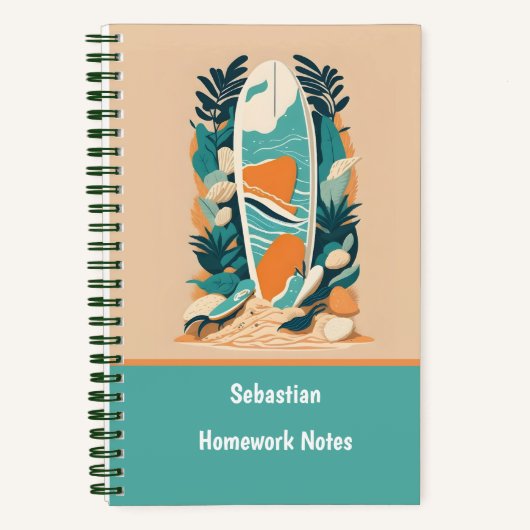抽象的なトロピカルビーチサーフボードレトロスクール ノートブック (正面)