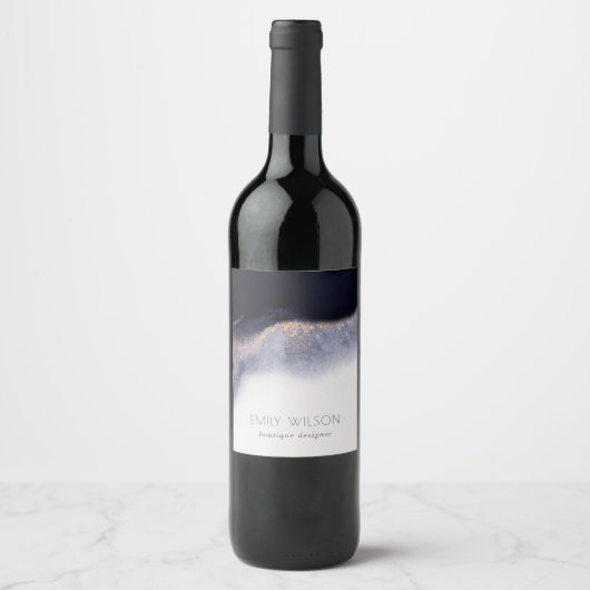 抽象的なネイビー ブラック ゴールド フォイル ウォーターカラー ワッシュ ワインラベル (正面)
