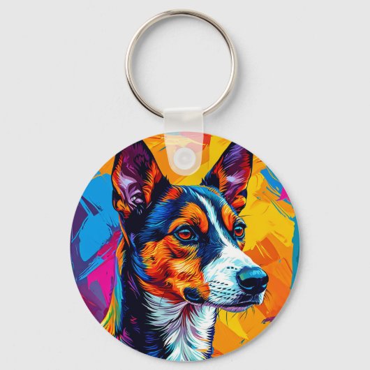 抽象的なバセンジーの犬の肖像画 キーホルダー (正面)