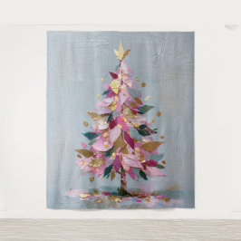 抽象的なピンクとゴールドの厚塗りクリスマスツリー タペストリー