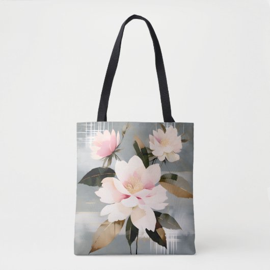 抽象的なピンクと白のわびさびの花 トートバッグ (正面)