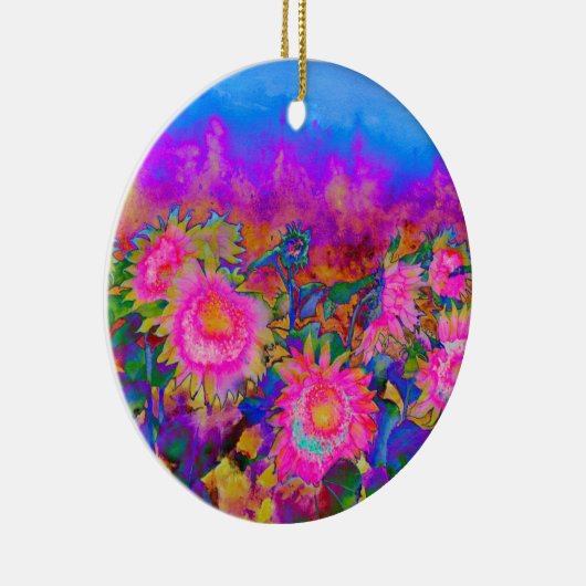 抽象的なピンクのひまわり畑、レトロな花 セラミックオーナメント (右)