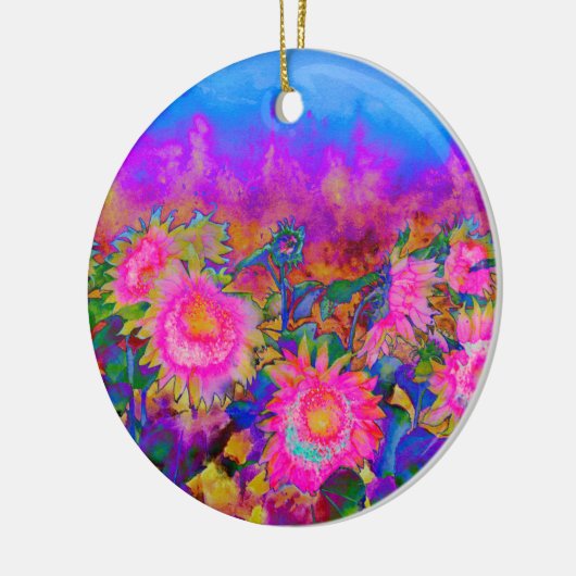 抽象的なピンクのひまわり畑、レトロな花 セラミックオーナメント (左)