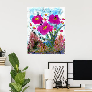 抽象的なピンクの花のフラワーボタニカルペインティング ポスター