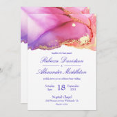 抽象的なピンクパープルゴールドインクウォッシュウェディング 招待状 (正面/裏面)