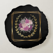 抽象的なブラックゴールドパープルの花柄ボヘミアンミニマリスト ラウンドクッション (裏面)