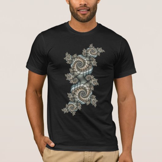 抽象的なベージュと淡青色のフラクタルアートスパイラル Tシャツ (正面)