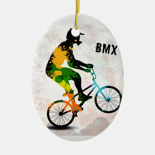 抽象的なペンキのBMXのライダーは文字とのスクエアをはね飛ばします セラミックオーナメント (正面)