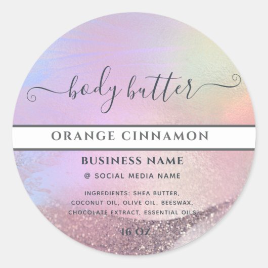 抽象的なホログラフィックゴールドのモダンスクリプト製品ラベル ラウンドシール (正面)