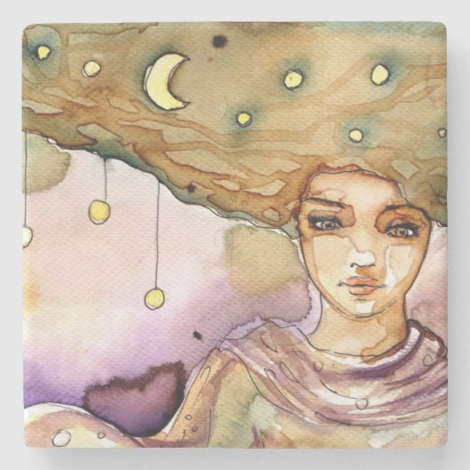 抽象的なポートレートおよびかわいらしい女性 ストーンコースター (正面)