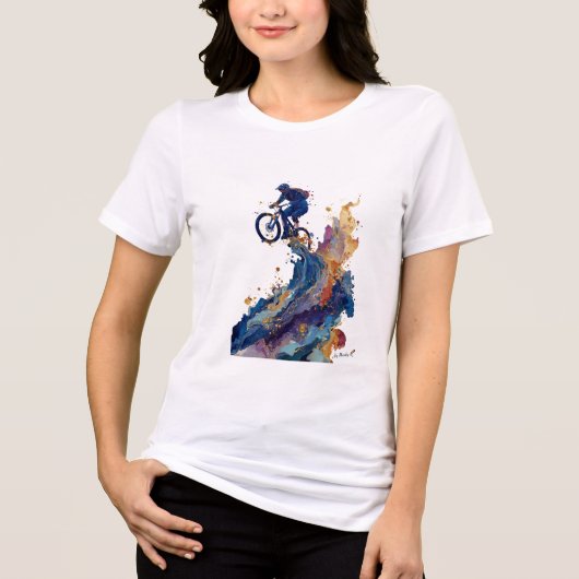 抽象的なマウンテンバイカー | 流れるようなインクの水彩アート トライブレンドTシャツ (正面)
