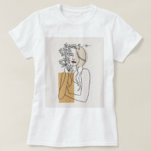 抽象的なミニマリストラインアートの女性フラワーボホTシャツ