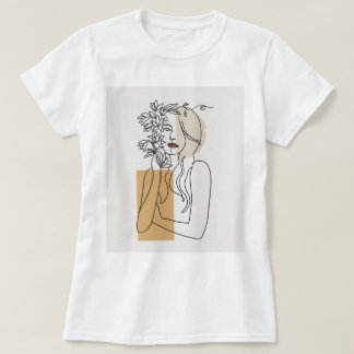 抽象的なミニマリストラインアートの女性フラワーボホTシャツ Tシャツ