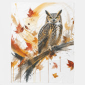 抽象的なミミズクと紅葉の装飾 フリースブランケット (正面)