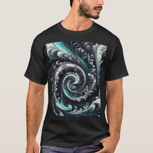 抽象的なモダンスワール グリーン シルバー ブラック Tシャツ (正面)