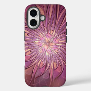 抽象的なモダンフローラル・フラクタルアート ベリーカラー iPhone 16ケース