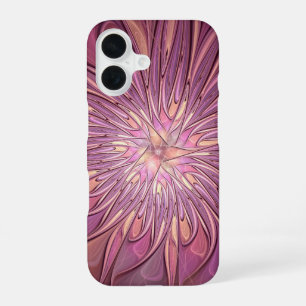 抽象的なモダンフローラル・フラクタルアート ベリーカラー iPhone 16ケース