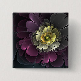 抽象的なモダン パープルカーキ グレー フラクタル フラワー 缶バッジ